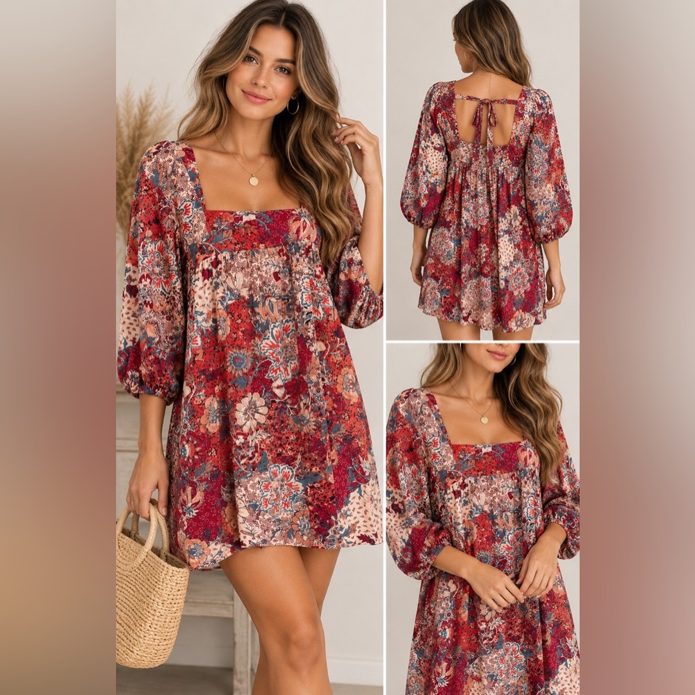 Band of the free Floral Midi babydoll free people inspired with Tie-Back